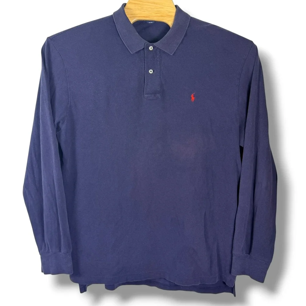 Vintage Polo Ralph Lauren Polo Shirt Men XL Navy Blue Long Sleeve Cotton Pique